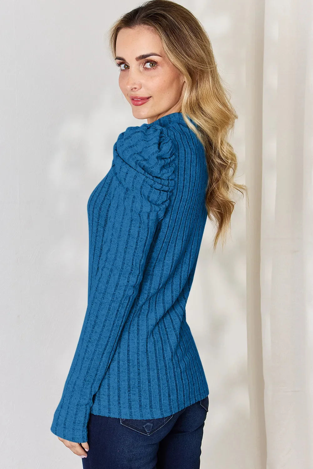 Basic Bae Full Size Ribbed Mock Neck Puff Sleeve T-shirt | Includes Plus Size