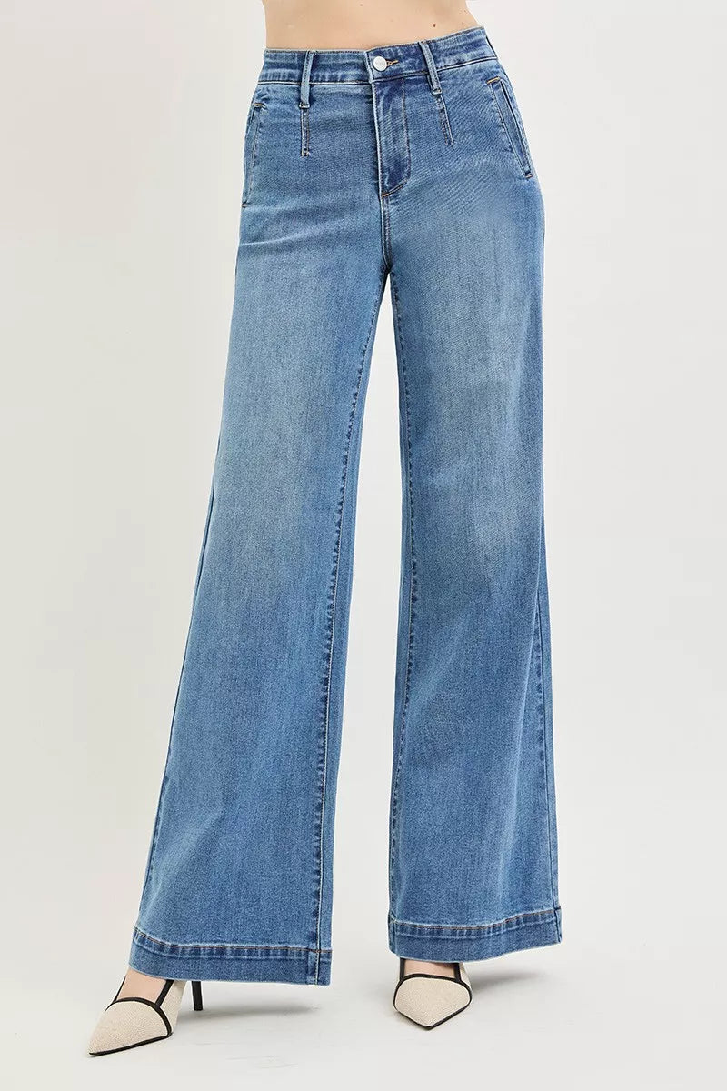 Risen Tummy Control Elastic Band High Rise Wide Jeans