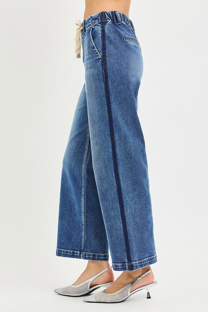 Risen Elastic Band High Rise Cropped Wide Jeans
