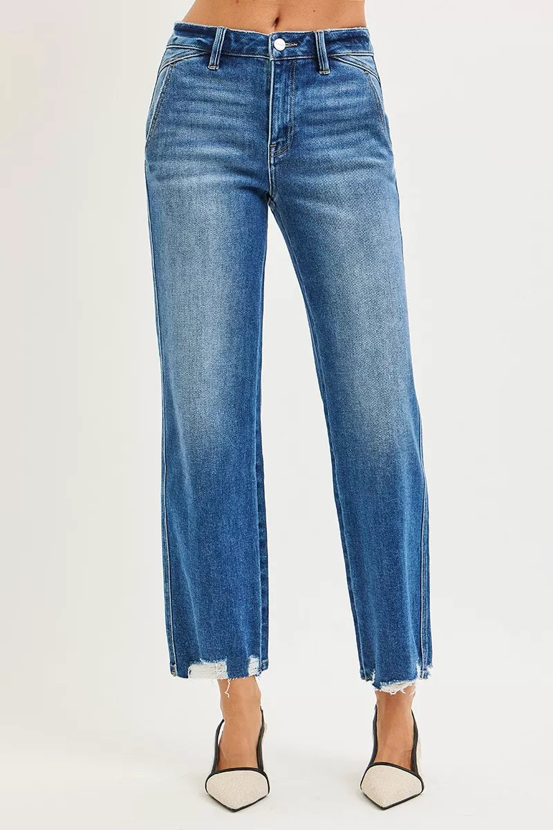 Risen High Rise Ankle Straight Distressed Hem Detail Jeans