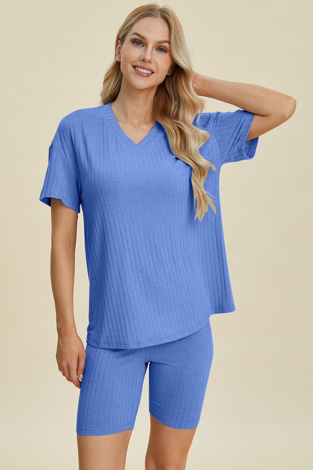 Basic Bae Full Size Ribbed V-neck Short Sleeve Top And Shorts Set