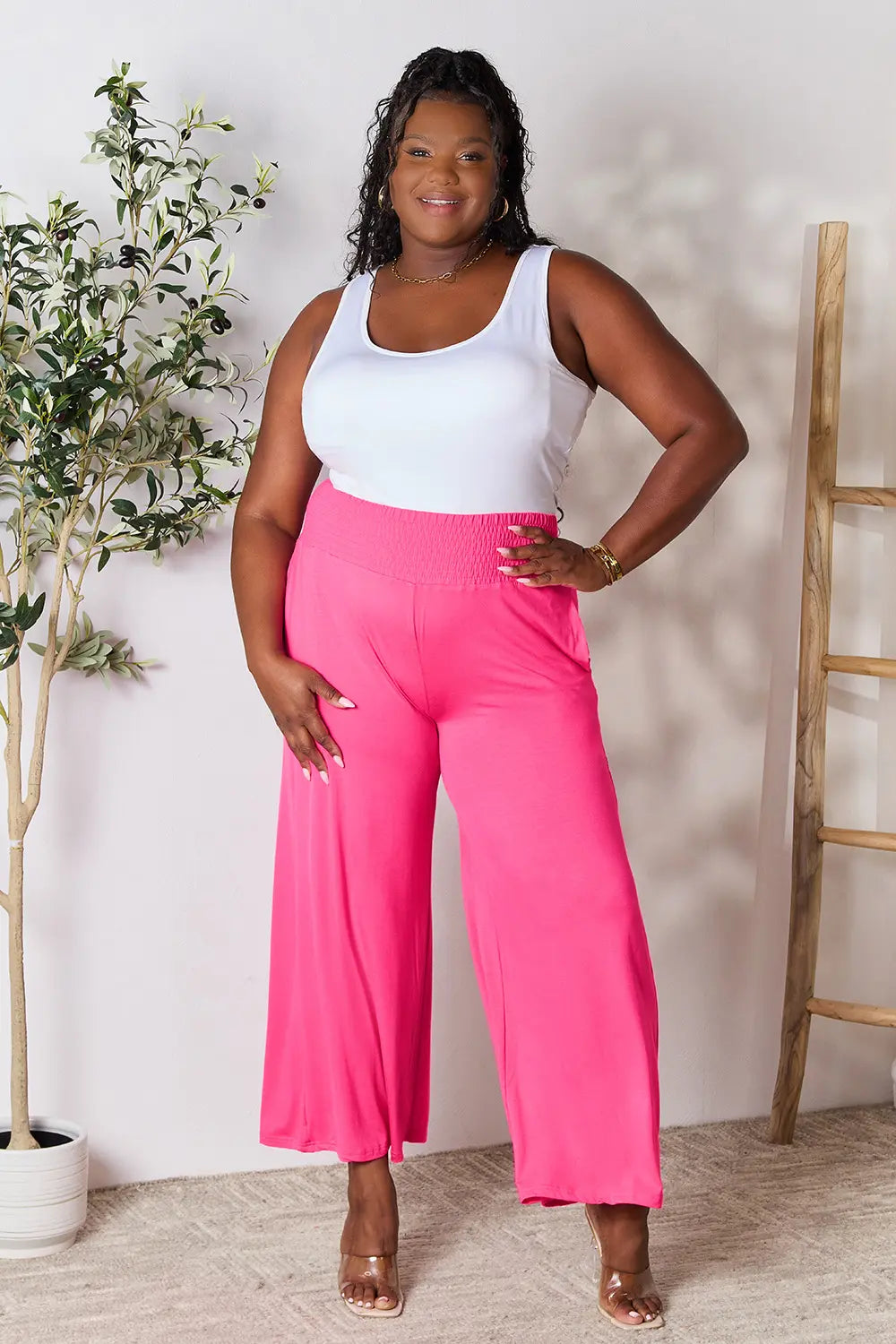 Basic Bae Full Size Smocked Wide Waistband Wide Leg Pants | Includes Plus Size
