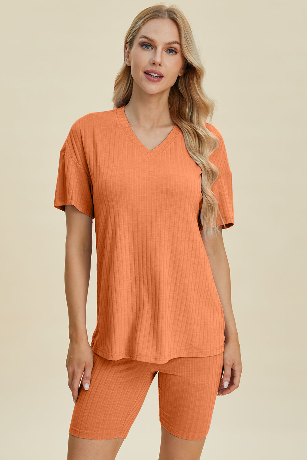Basic Bae Full Size Ribbed V-neck Short Sleeve Top And Shorts Set