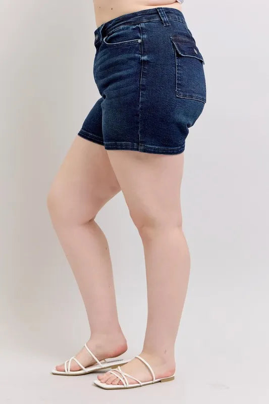 Judy Blue Full Size High Waist Back Flap Pocket Denim Shorts | Includes Plus Size