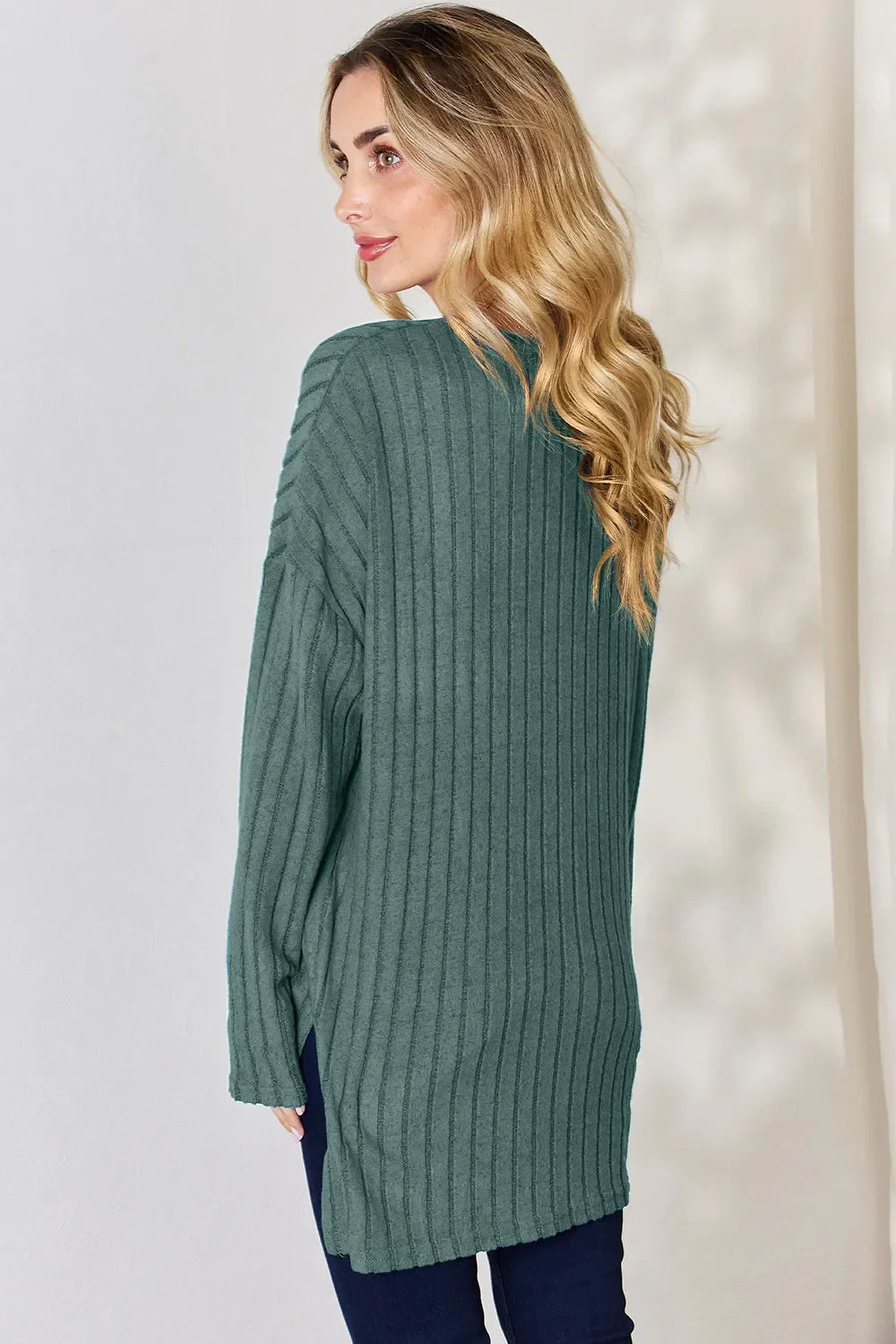 Basic Bae Full Size Ribbed Half Button Long Sleeve High-low Knit Top | Includes Plus Size