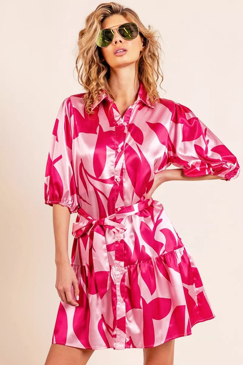Bibi Leaf Pattern Collared Satin Dress