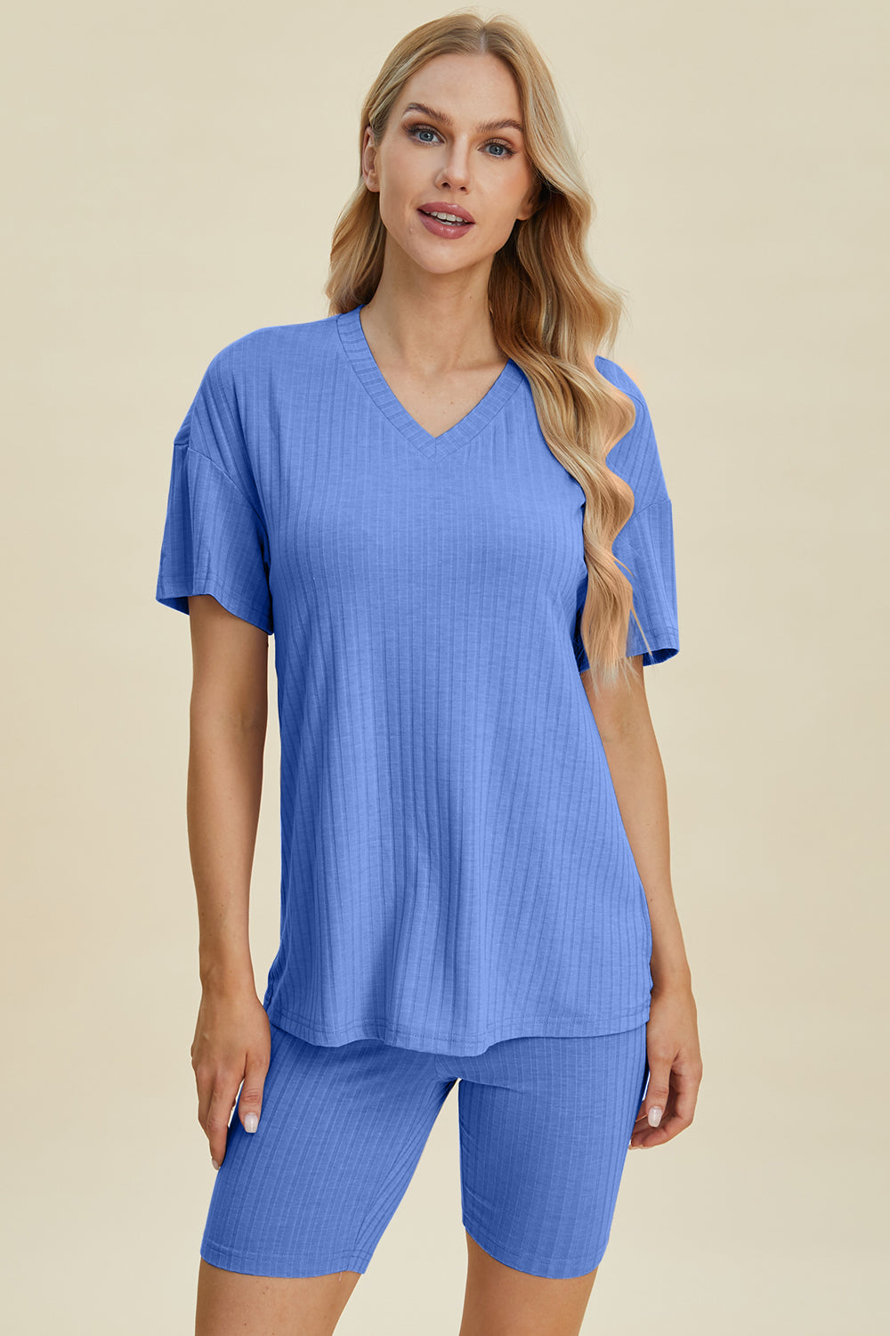 Basic Bae Full Size Ribbed V-neck Short Sleeve Top And Shorts Set