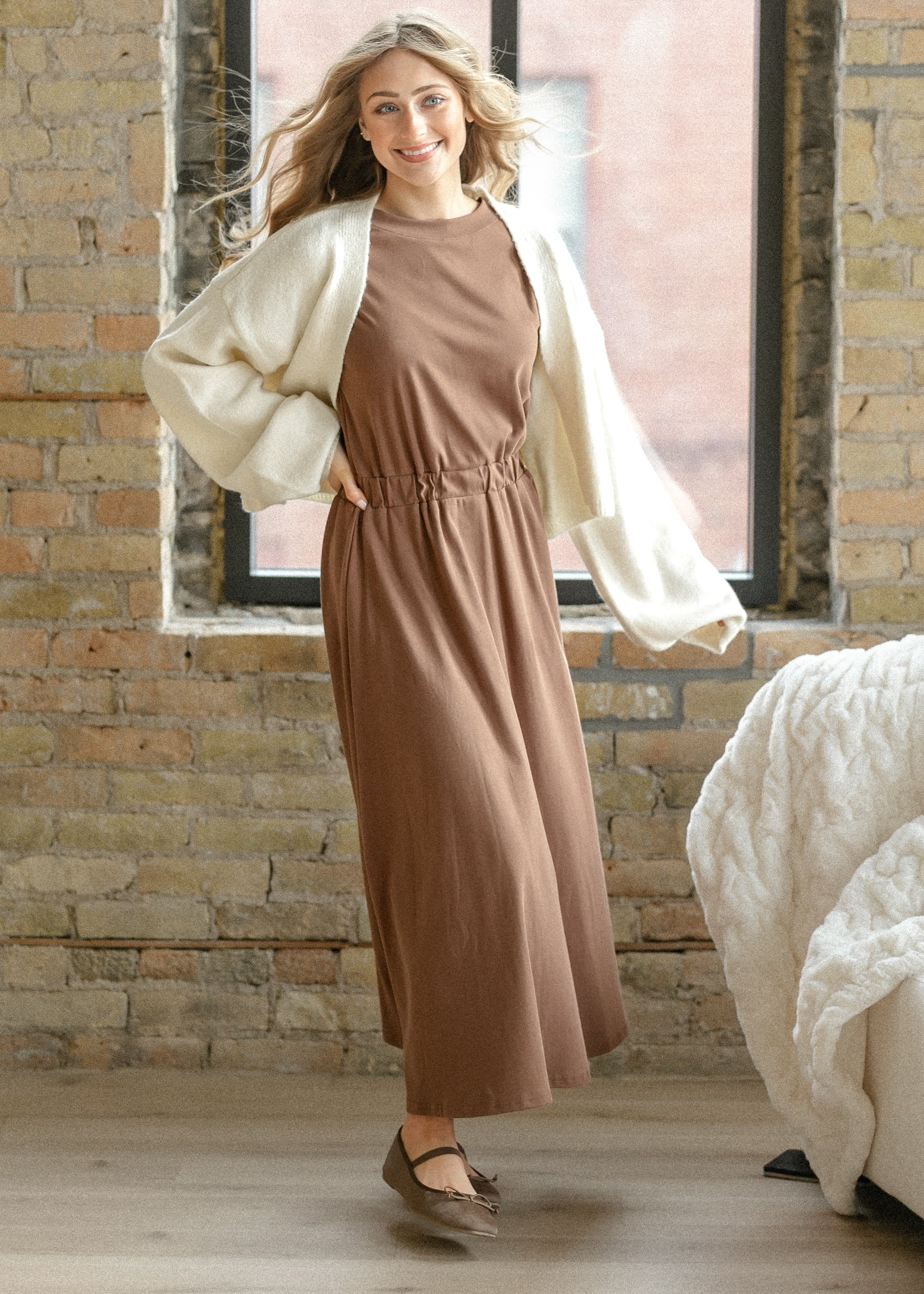 Casey Brown Cap Sleeve Midi Dress