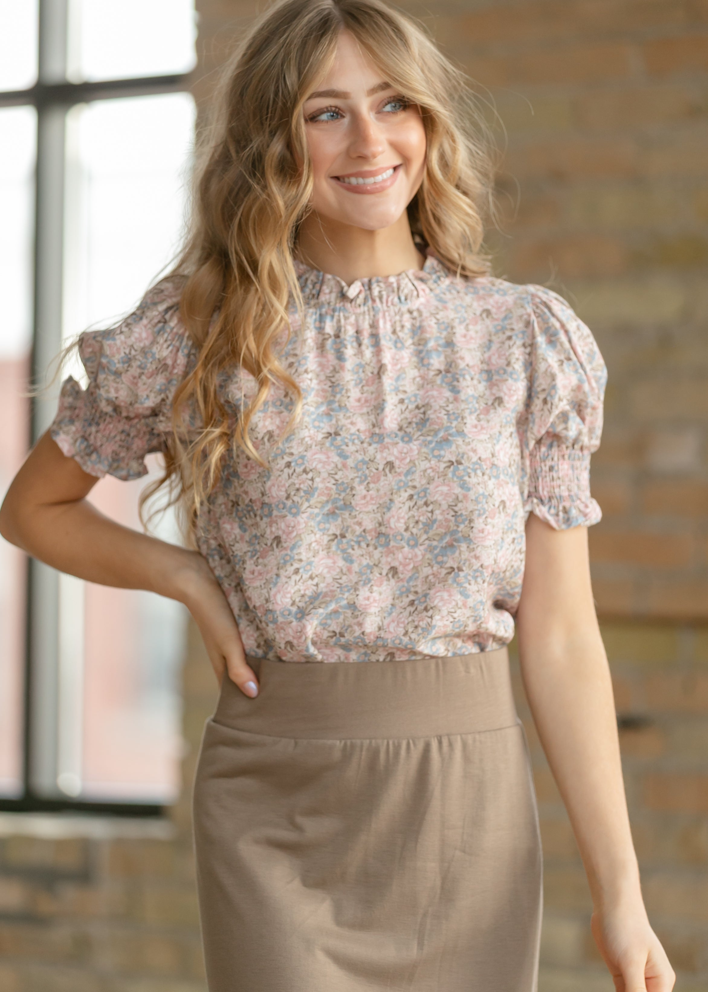 Clara Floral Ruffle Mockneck Short Sleeve Top