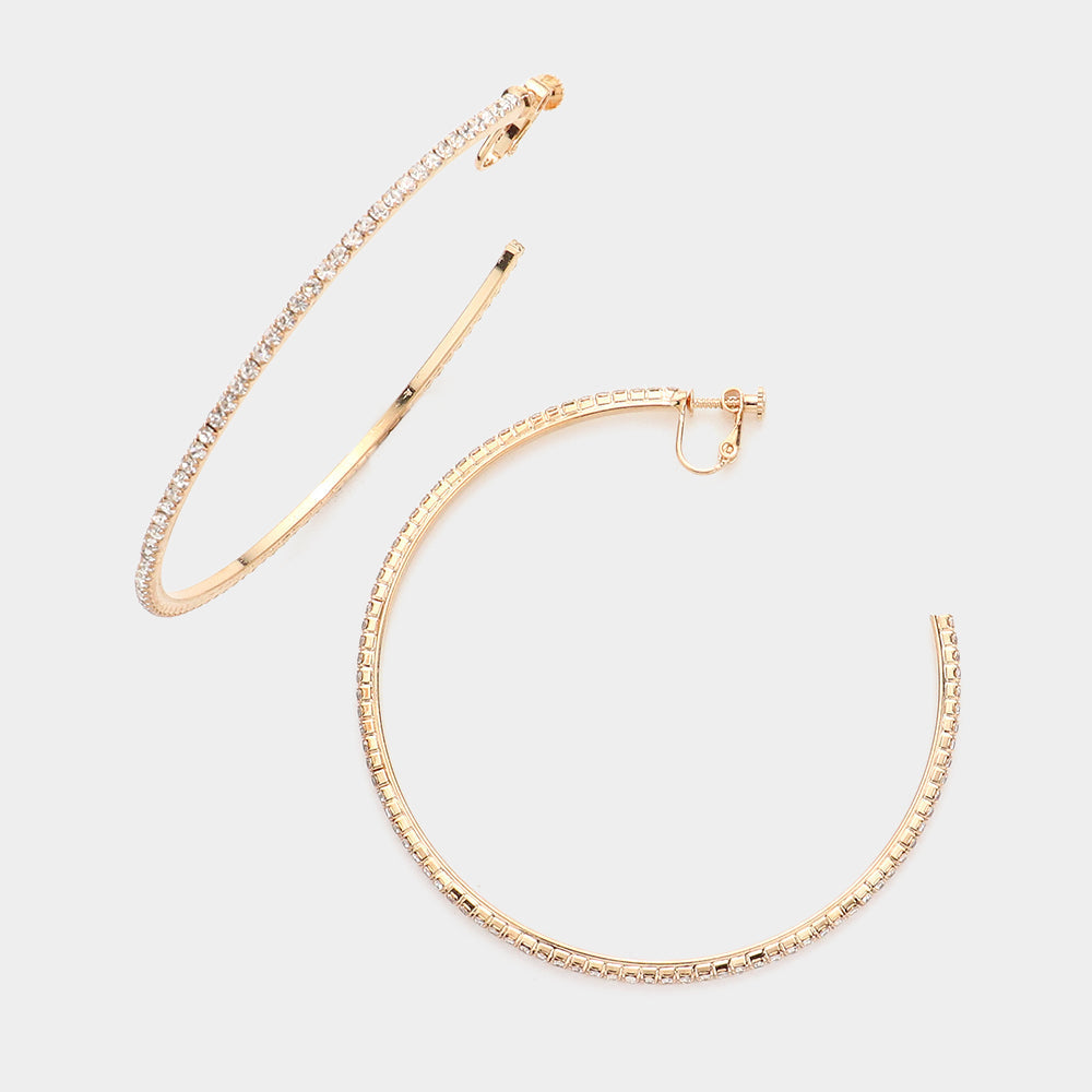 Crystal Rhinestone 3.3 Inch Hoop Clip On Earrings