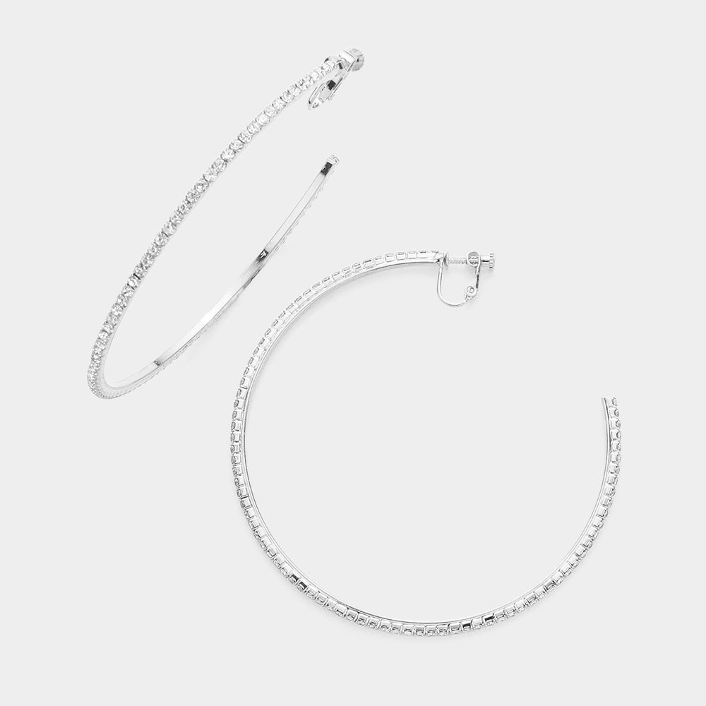 Crystal Rhinestone 3.3 Inch Hoop Clip On Earrings