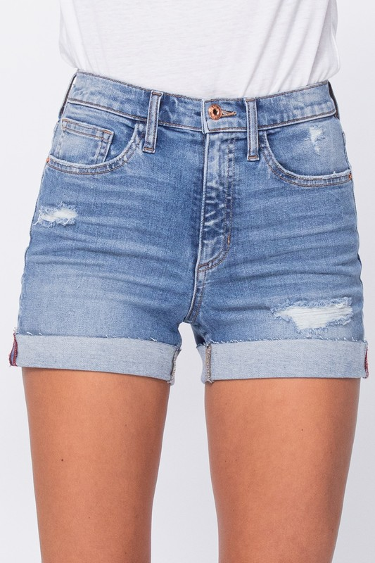 Distressed High Rise Shorts with Raw Cuff Hem