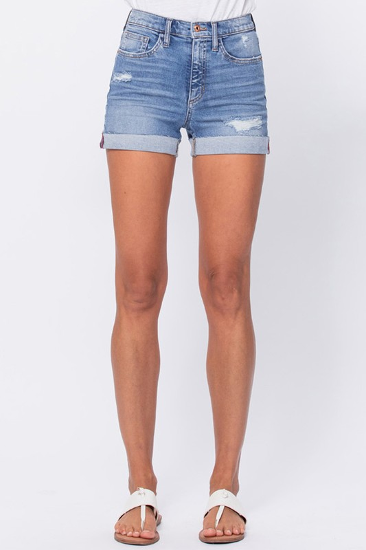 Distressed High Rise Shorts with Raw Cuff Hem