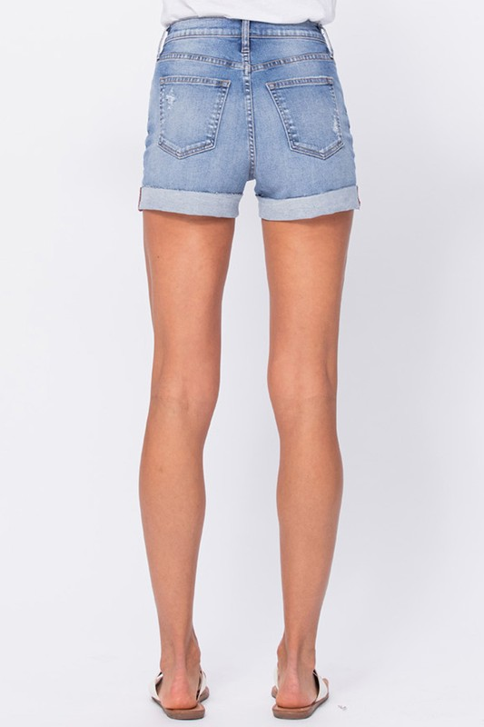Distressed High Rise Shorts with Raw Cuff Hem