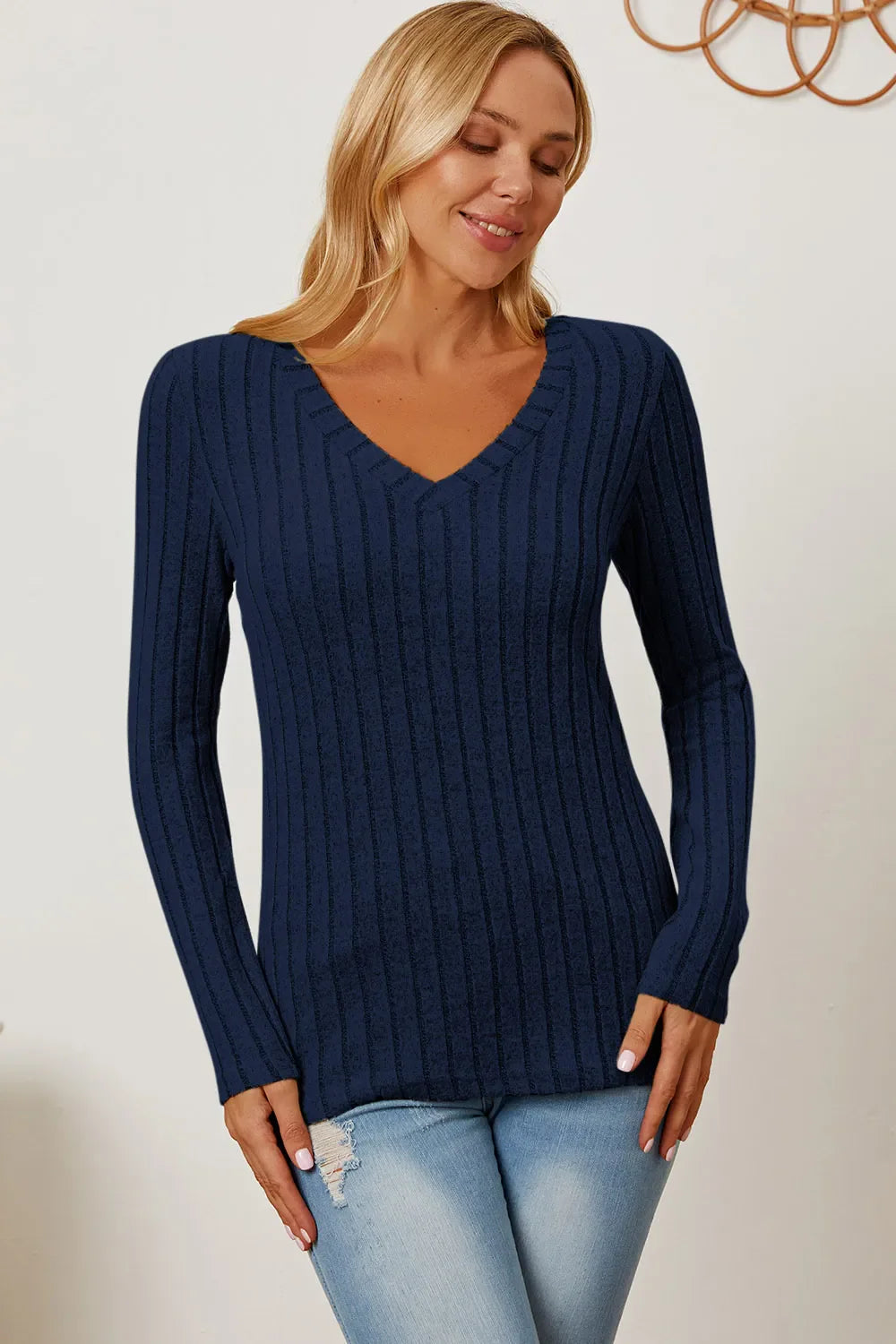 Basic Bae Full Size Ribbed V-neck Long Sleeve Knit Top | Includes Plus Size