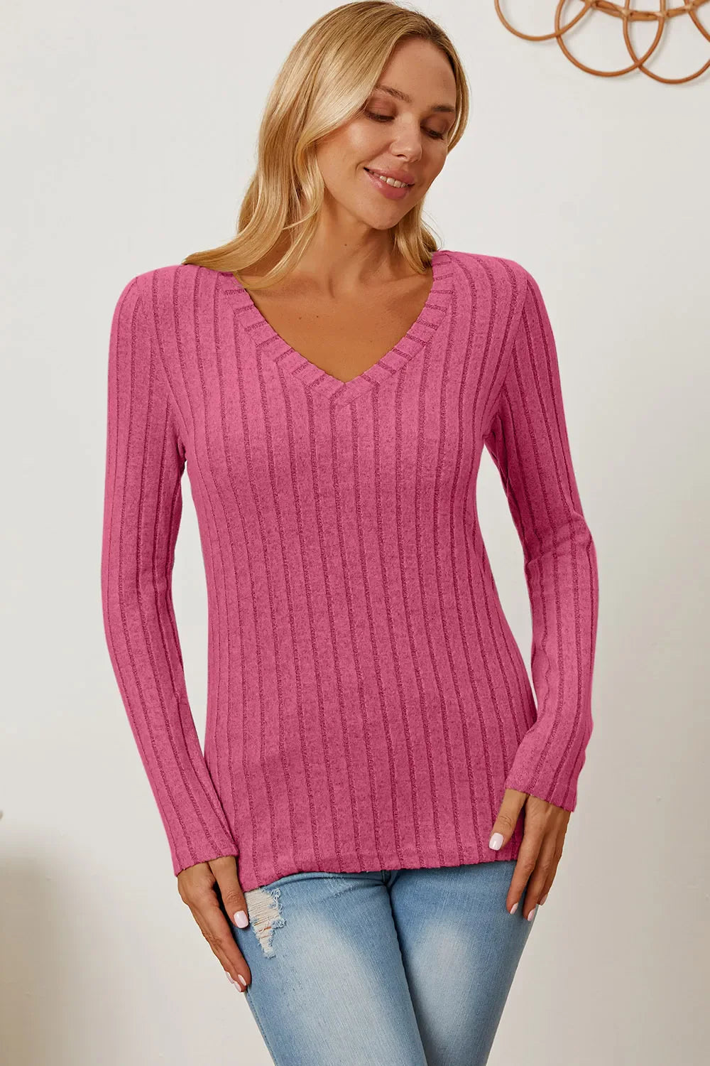 Basic Bae Full Size Ribbed V-neck Long Sleeve Knit Top | Includes Plus Size