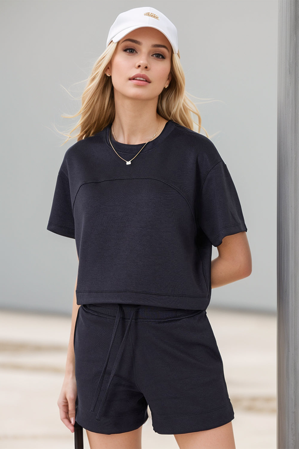 Basic Bae Drawstring Hem Air Scuba Round Neck Short Sleeve T-shirt