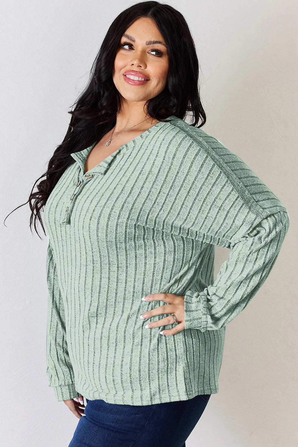 Basic Bae Full Size Ribbed Half Button Long Sleeve T-shirt