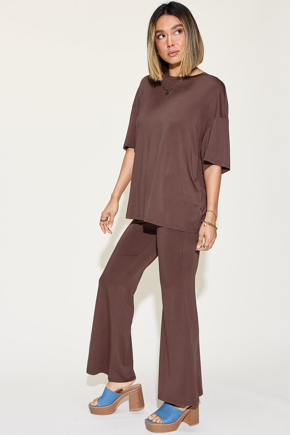 Basic Bae Full Size Bamboo Drop Shoulder T-shirt And Flare Pants Set