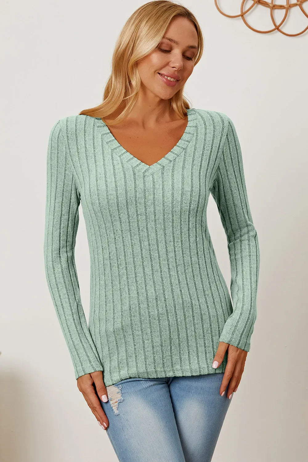 Basic Bae Full Size Ribbed V-neck Long Sleeve Knit Top | Includes Plus Size