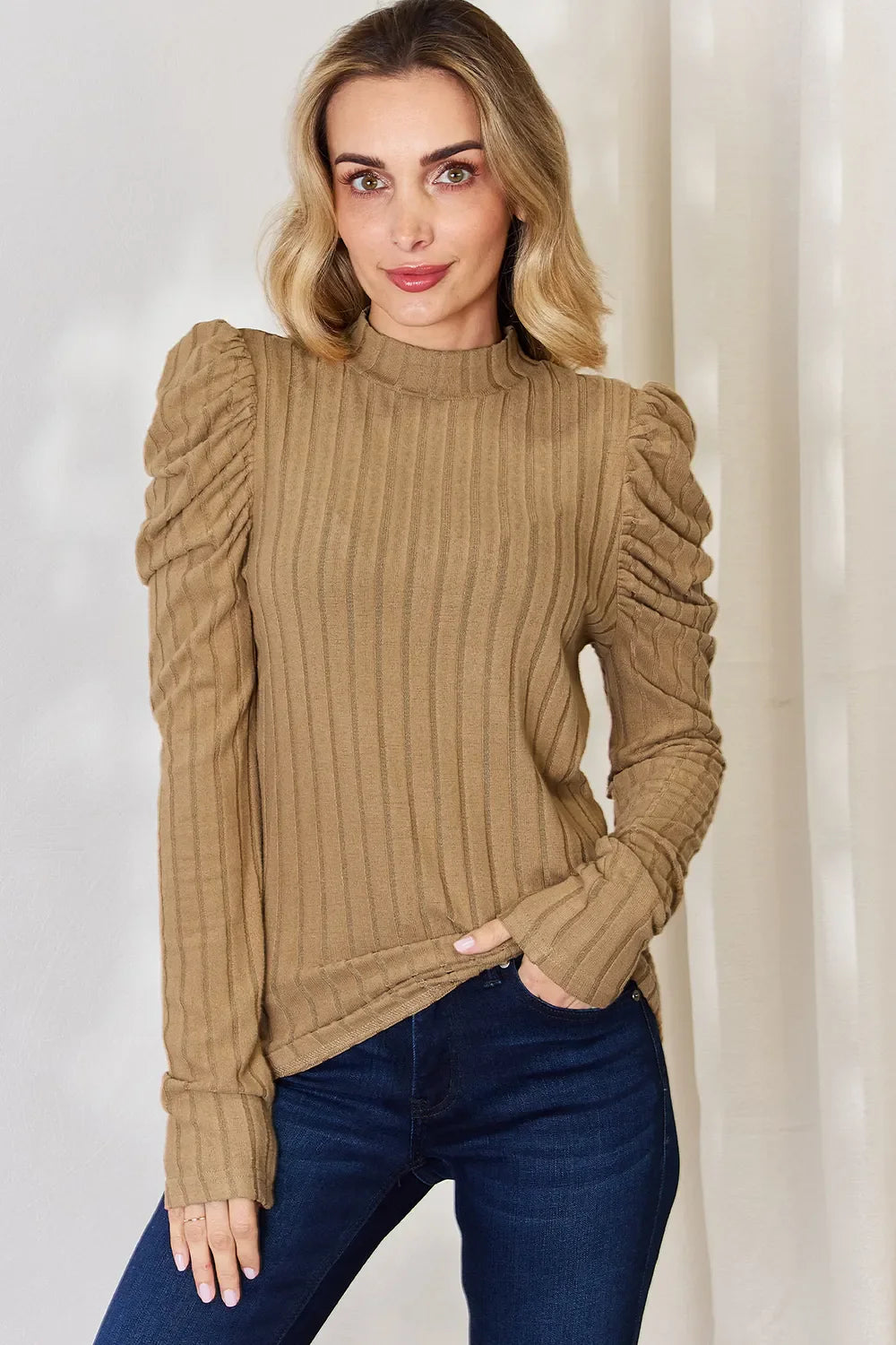 Basic Bae Full Size Ribbed Mock Neck Puff Sleeve T-shirt | Includes Plus Size