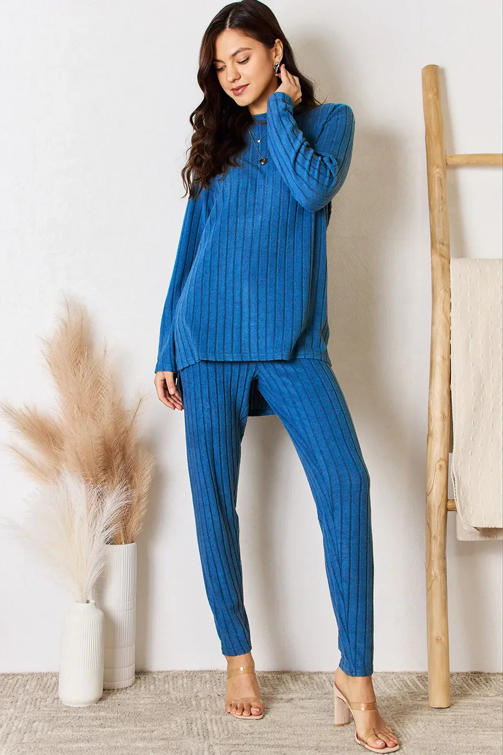 Basic Bae Full Size Ribbed Round Neck High-low Slit Top And Pants Set