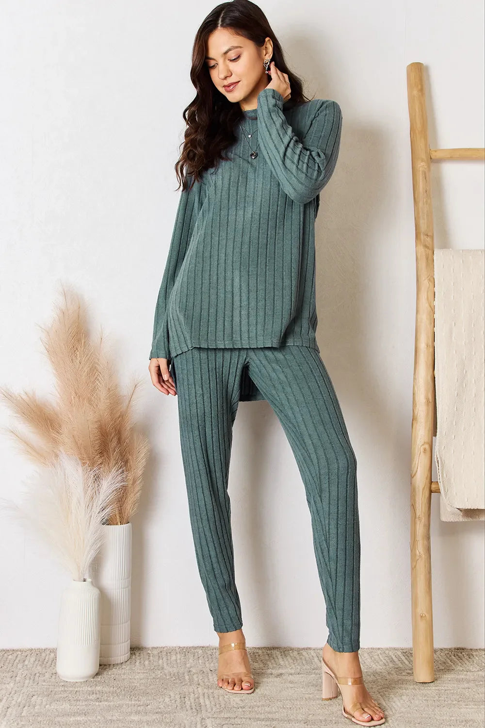 Basic Bae Full Size Ribbed Round Neck High-low Slit Top And Pants Set