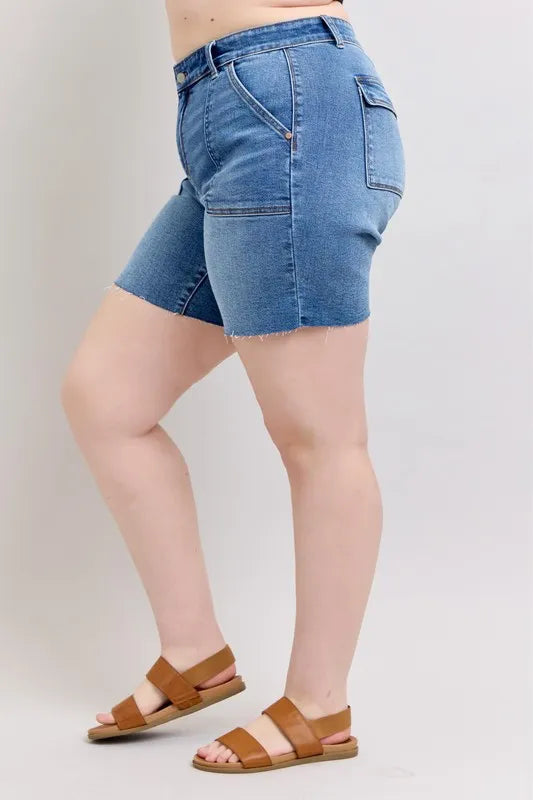 Judy Blue Full Size Mid Rise Bermudas Denim Shorts W/ Back Flap Pockets | Includes Plus Size