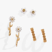 Daisy Flower Stud and Huggie Hoop Earring Set of 3