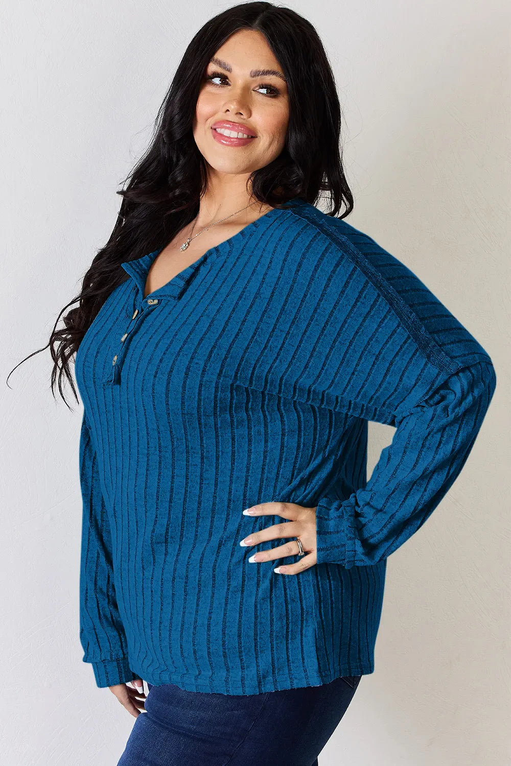 Basic Bae Full Size Ribbed Half Button Long Sleeve T-shirt