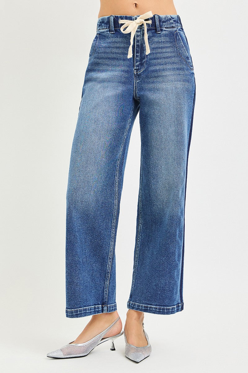 Risen Elastic Band High Rise Cropped Wide Jeans