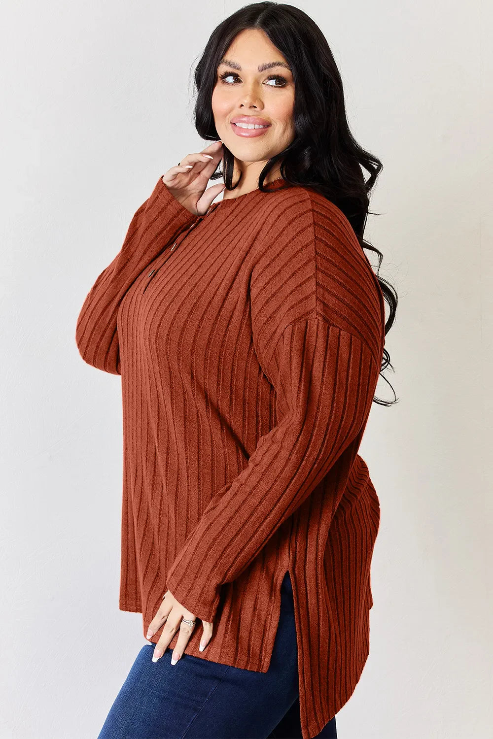 Basic Bae Full Size Ribbed Half Button Long Sleeve High-low Knit Top | Includes Plus Size