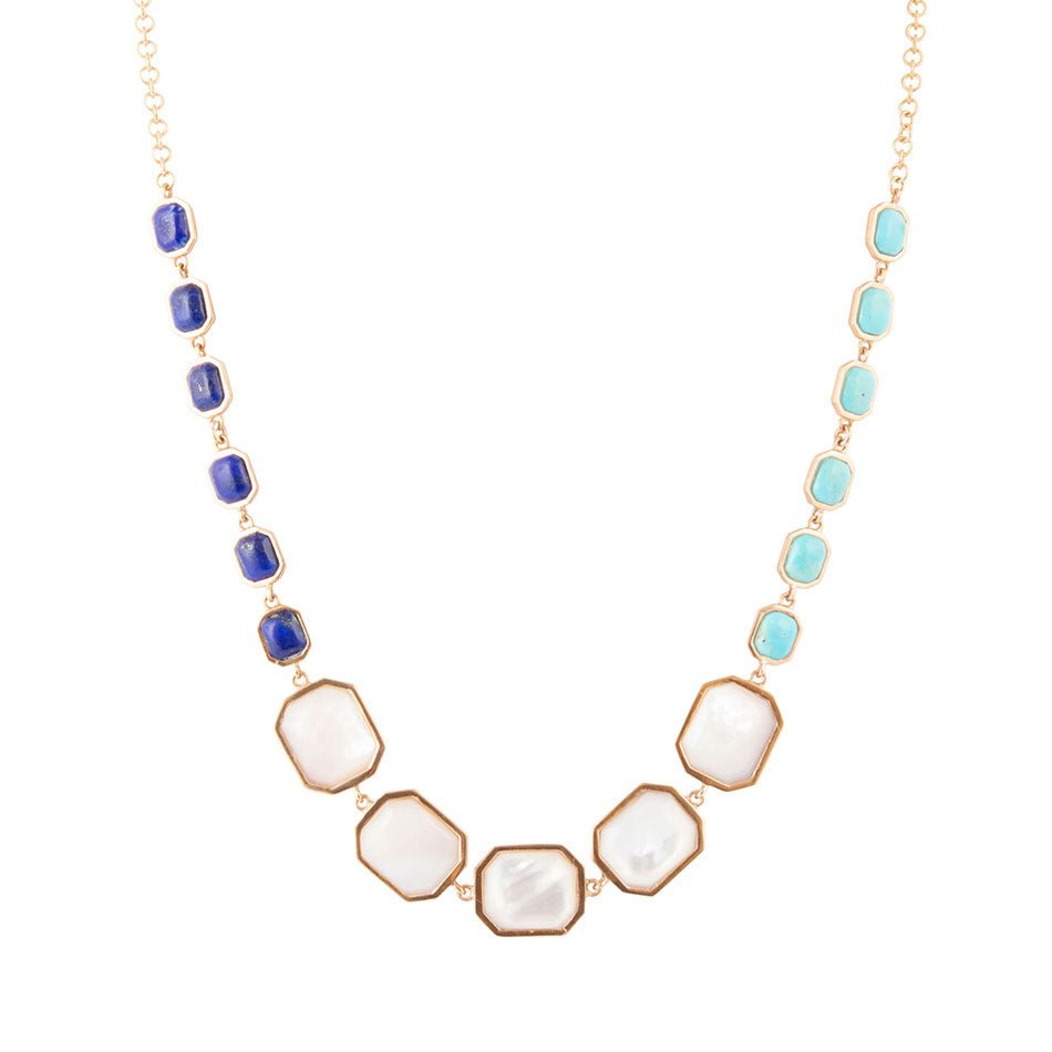 Dual Color Blue Lapis Turquoise And White Mother Of Pearl Golden Necklace