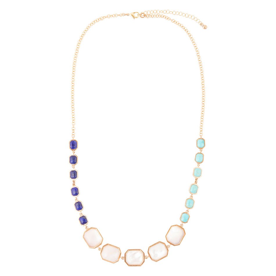 Dual Color Blue Lapis Turquoise And White Mother Of Pearl Golden Necklace