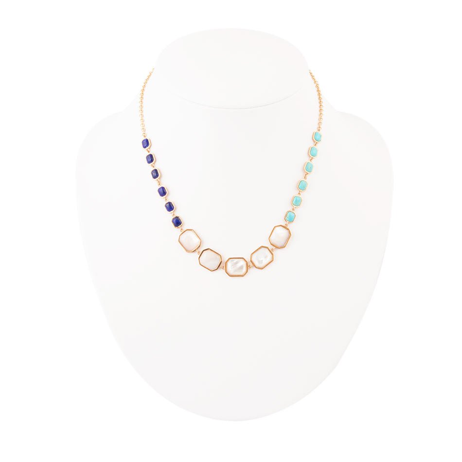 Dual Color Blue Lapis Turquoise And White Mother Of Pearl Golden Necklace