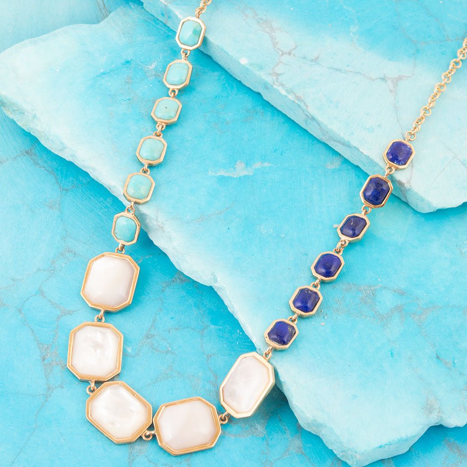 Dual Color Blue Lapis Turquoise And White Mother Of Pearl Golden Necklace