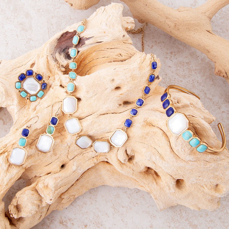 Dual Color Blue Lapis Turquoise And White Mother Of Pearl Golden Necklace