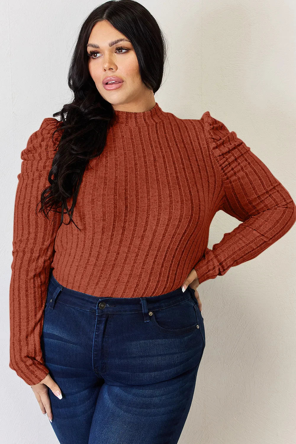 Basic Bae Full Size Ribbed Mock Neck Puff Sleeve T-shirt | Includes Plus Size