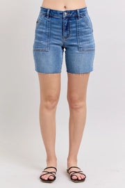 Judy Blue Full Size Mid Rise Bermudas Denim Shorts W/ Back Flap Pockets | Includes Plus Size