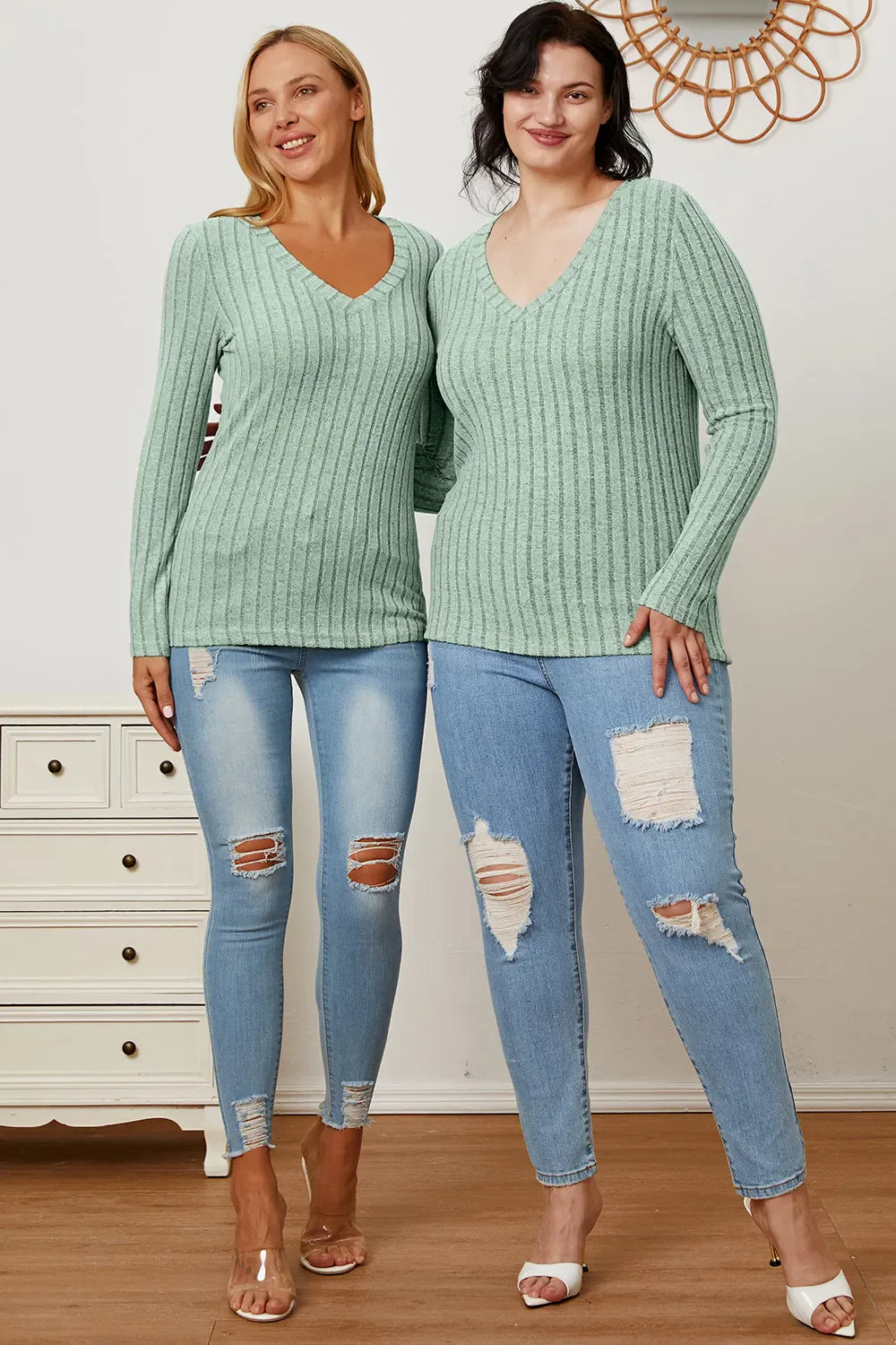 Basic Bae Full Size Ribbed V-neck Long Sleeve Knit Top | Includes Plus Size