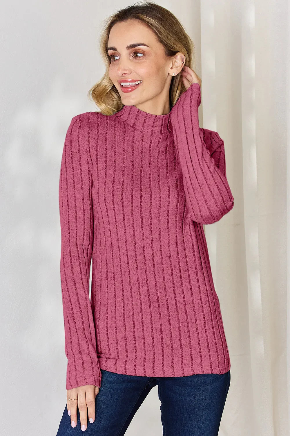 Basic Bae Full Size Ribbed Mock Neck Long Sleeve Knit Top | Includes Plus Size