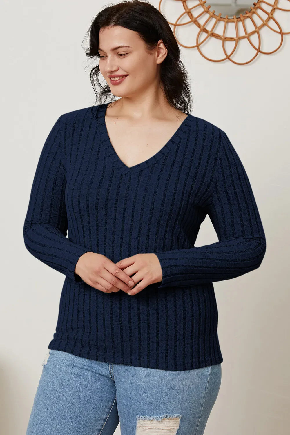 Basic Bae Full Size Ribbed V-neck Long Sleeve Knit Top | Includes Plus Size
