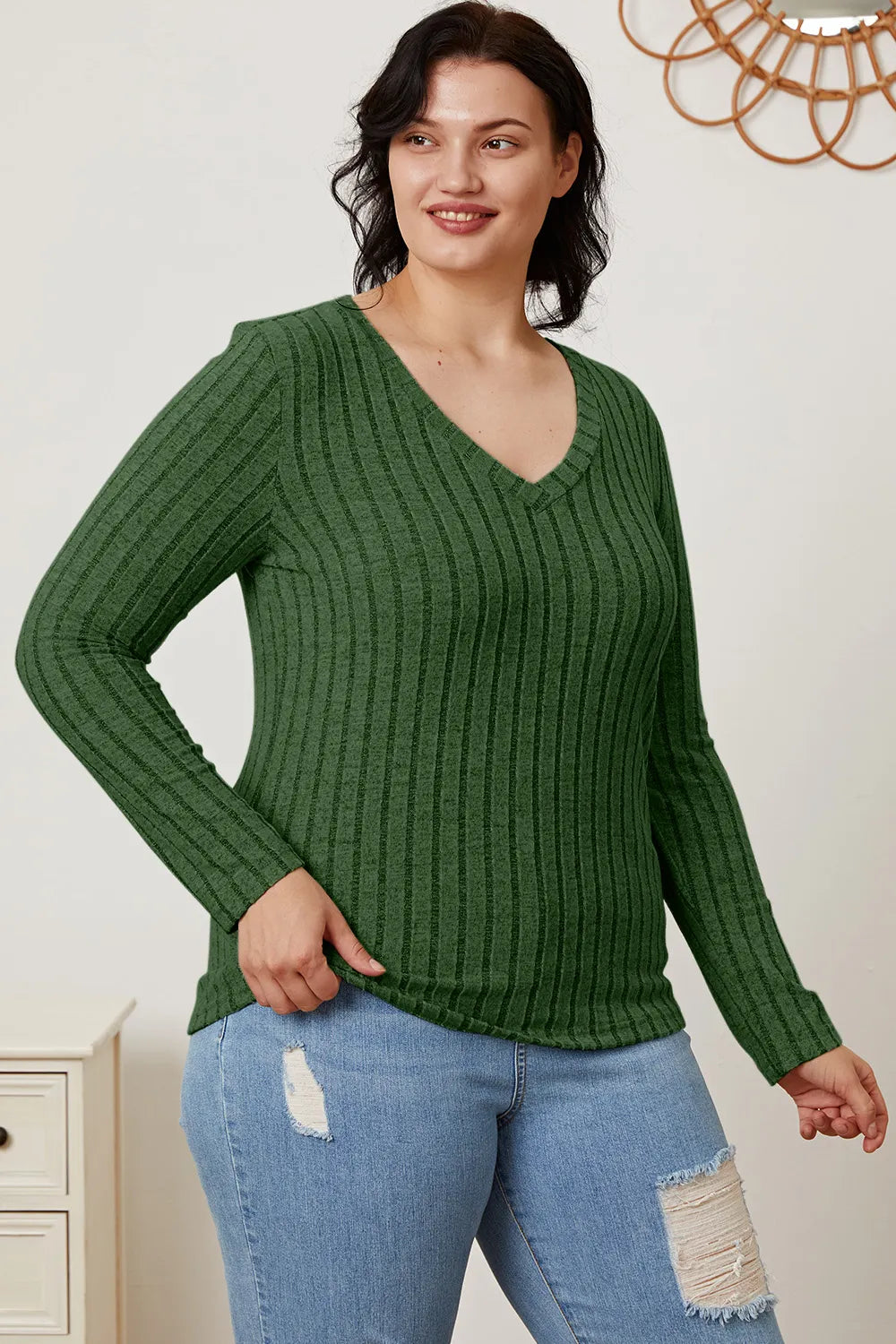 Basic Bae Full Size Ribbed V-neck Long Sleeve Knit Top | Includes Plus Size