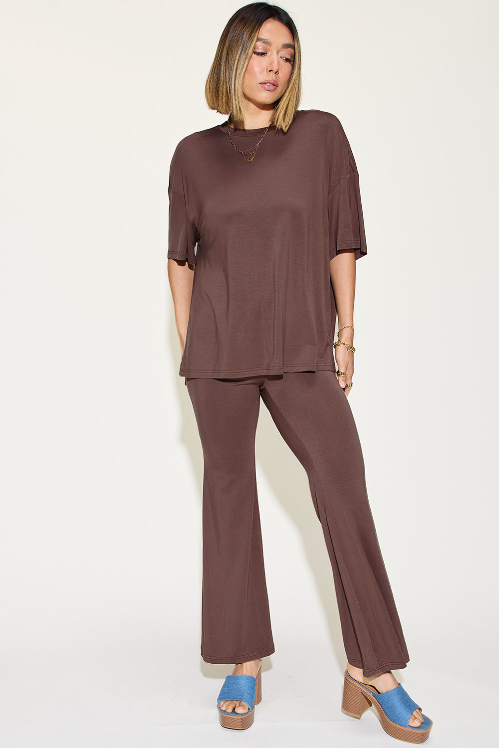 Basic Bae Full Size Bamboo Drop Shoulder T-shirt And Flare Pants Set