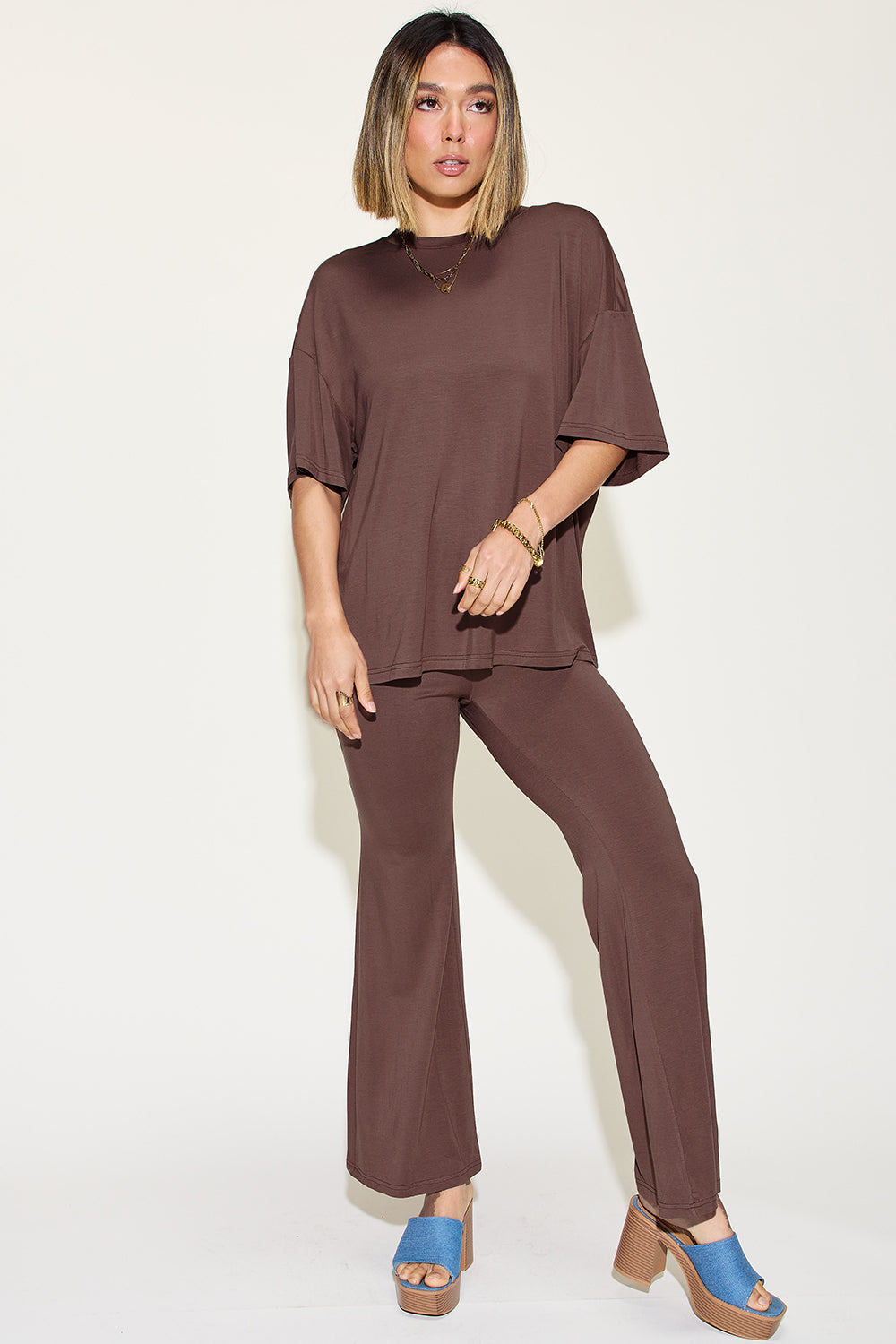 Basic Bae Full Size Bamboo Drop Shoulder T-shirt And Flare Pants Set