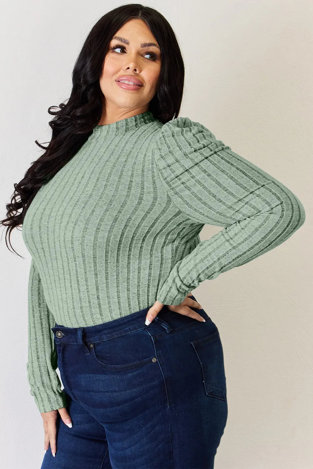 Basic Bae Full Size Ribbed Mock Neck Puff Sleeve T-shirt | Includes Plus Size