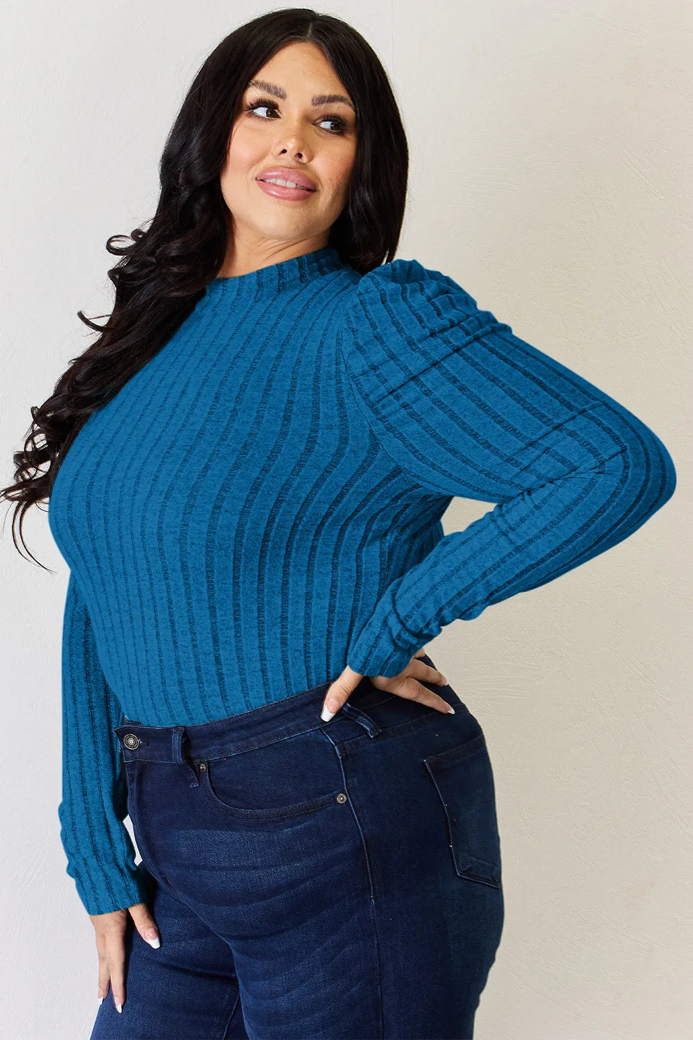 Basic Bae Full Size Ribbed Mock Neck Puff Sleeve T-shirt | Includes Plus Size