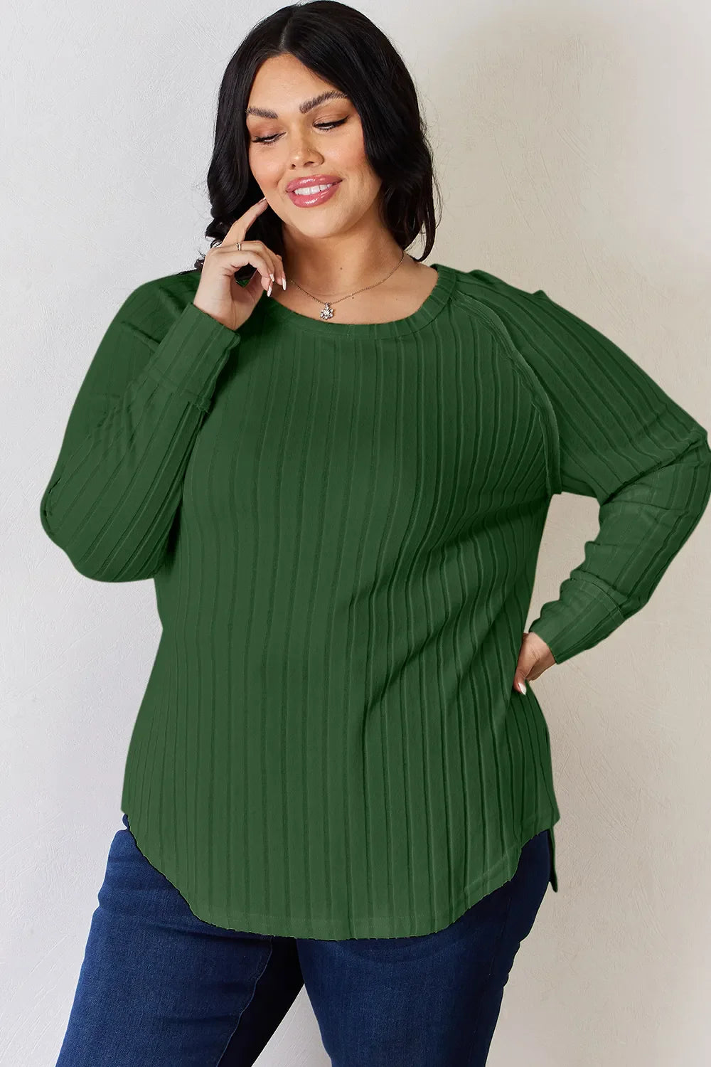 Basic Bae Full Size Ribbed Round Neck Slit Knit Top | Includes Plus Size