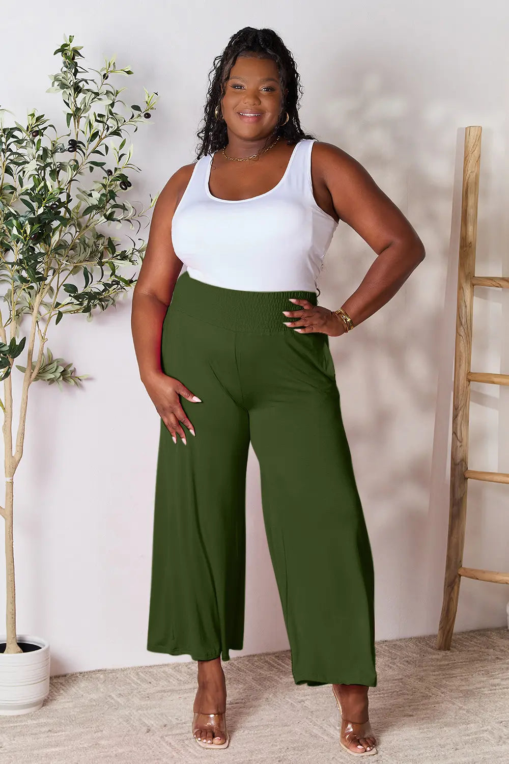Basic Bae Full Size Smocked Wide Waistband Wide Leg Pants | Includes Plus Size