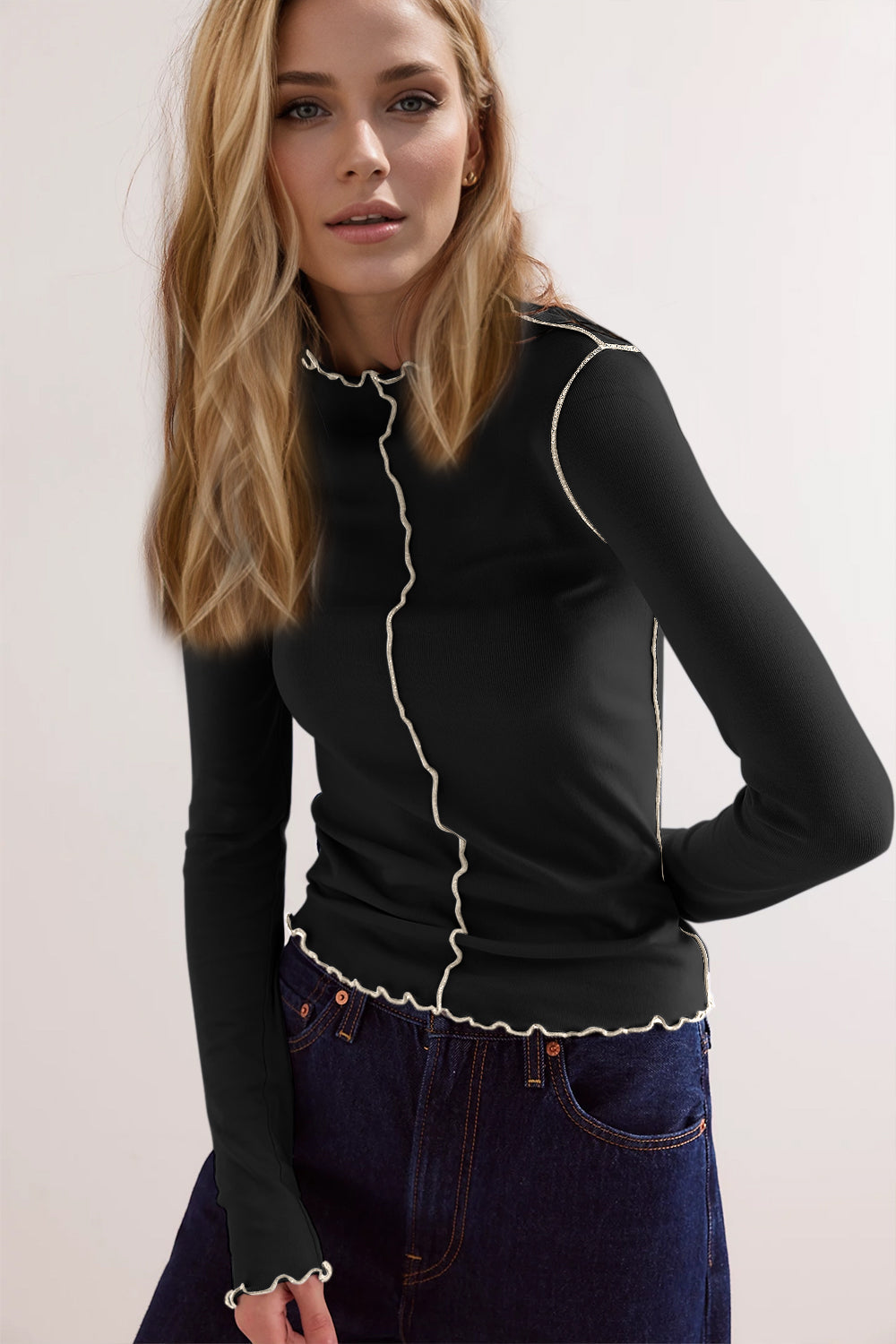 Basic Bae Contrast Trim Mock Neck Long Sleeve T-shirt